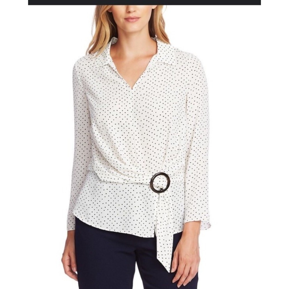 Vince Camuto Pearl Ivory Printed Buckle Front Blouse Top S 9169129